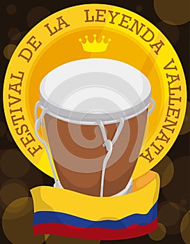 Medal with Crown, Drum and Flag for Vallenato Legend Festival, Vector Illustration