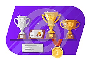 Medal cup reward and letter standing on shelves