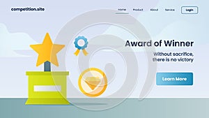 Medal, diamond and trophy as award of winner with tagline without sacrifice there is no victory for website template landing