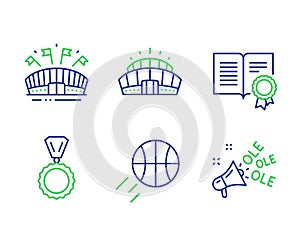 Medal, Diploma and Sports arena icons set. Basketball, Arena stadium and Ole chant signs. Vector