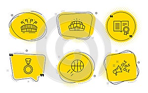 Medal, Diploma and Sports arena icons set. Basketball, Arena stadium and Ole chant signs. Vector