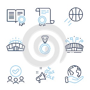 Medal, Diploma and Sports arena icons set. Basketball, Arena stadium and Ole chant signs. Vector