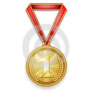 Medal gold award sport 1st place red ribbon realistic 3d vector illustration