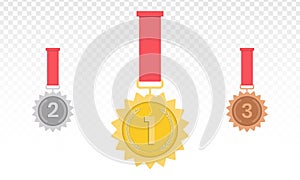 Medal- gold, silver, bronze. 1st, 2nd and 3rd place. Trophy with red ribbon. Flat style - stock vector