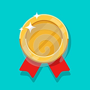 Medal gold vector icon. Flat cartoon medallion golden symbol with red ribbon isolated on blue background.