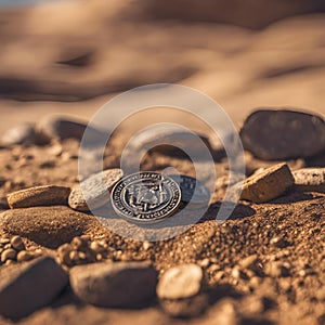 the medal is on the ground among some rocks and gravel