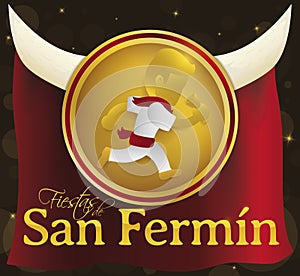 Medal with Spaniard Runner, Horns and Fabric for San Fermin, Vector Illustration photo