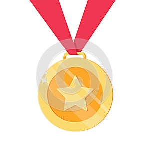 Medal for 1st, first place with star. Golden, trophy, winner award isolated on blue background. Badge and ribbon