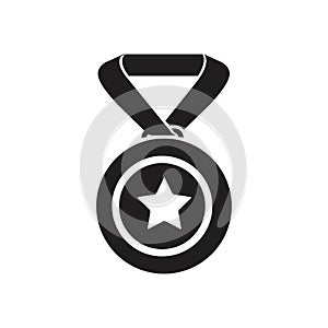 Medal with star for 1st, first place. Trophy, winner award isolated on black background. Badge and ribbon, glossy prize