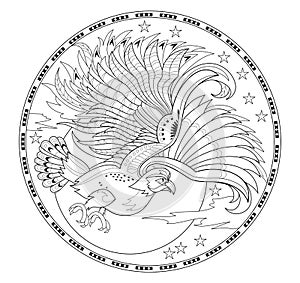 Medallion with flying owl. Fantasy drawing of beautiful fairyland bird. Black and white page for children coloring book.