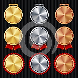 Medals Blank Set Vector. Realistic First, Second Third Placement Prize. Classic Empty Medals Concept. Red Ribbon. Sport Game Golde