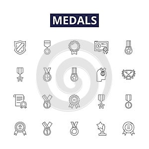 Medals line vector icons and signs. Award, Badge, Trophy, Commendation, Honor, Citation, Decoration, Insignia outline