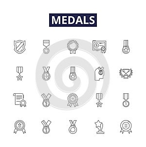 Medals line vector icons and signs. Award, Badge, Trophy, Commendation, Honor, Citation, Decoration, Insignia outline photo