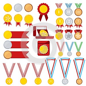 Medals set isolated on white background: golden, silver, bronze medal with red, stripped, blue, green ribbon, in red box