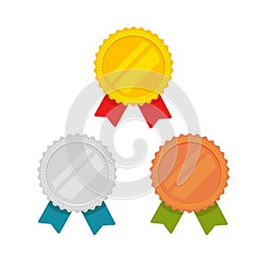 Medals vector set isolated, flat cartoon gold, bronze and silver medal with red, green and blue ribbon, sport award