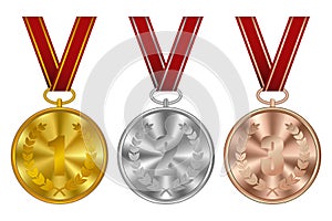 Medals, winner awards. Golden, silver and bronze sports medal with red ribbon. Vector.