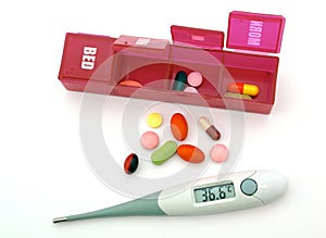 Medecine stuff. Pills with digital thermometer