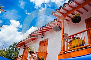 Medellin, Colombia - December 19, 2017: Below view of some colorful buildings in Pueblito Paisa in Nutibara Hill