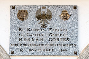 Commemorative plaque of the Spanish Army for the V centenary of the birth of Captain General Hernan Cortes in Medellin