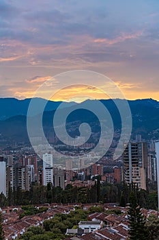 medellin sunset in poblado during dusk with many colors in the sky