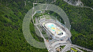 Medeo empty ice rink aerial in Almaty