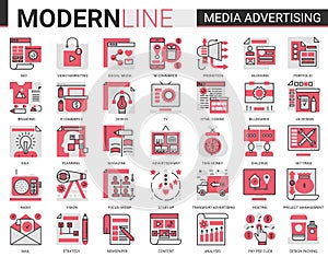 Media advertising complex flat line icon vector illustration set. Red black collection of infographic pictogram symbols