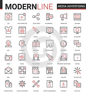 Media advertising flat icon vector illustration set of outline infographic pictogram symbols for mobile apps with