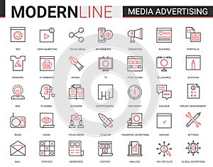 Media advertising flat icon vector illustration set of outline infographic pictogram symbols for mobile apps with