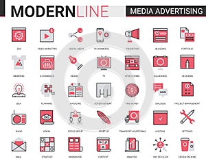 Media advertising flat icon vector illustration set of outline infographic pictogram symbols for mobile apps with