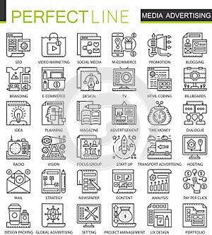 Media advertising outline mini concept symbols. Marketing advertisement promotion modern stroke linear style