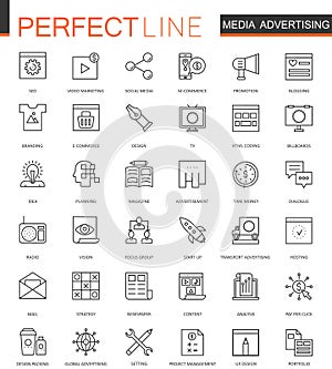 Media Advertising thin line web icons set. Outline stroke icons design.