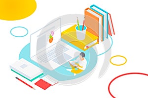 Media book online library concept. E-book, E-learning online, online university, knowledge isometric vector illustration