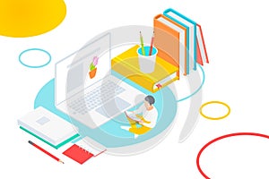 Media book online library concept. E-book, E-learning online, online university, knowledge isometric vector illustration photo