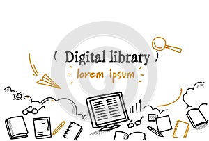 Media book reading ebook digital library concept sketch doodle horizontal isolated copy space