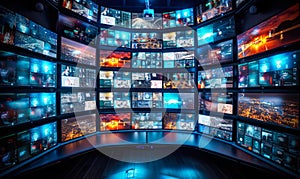 Media Broadcast Control Room with Multiple Screens Displaying Various Content, Representing Surveillance, Live Broadcasting