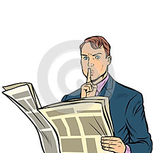 Media censorship. man reading a newspaper