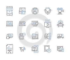 Media corporation outline icons collection. Media, Corporation, Publishing, News, Print, Digital, Network vector and
