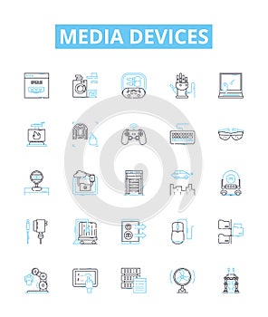 Media devices vector line icons set. Devices, Media, Television, Radios, Speakers, Printer, Computer illustration