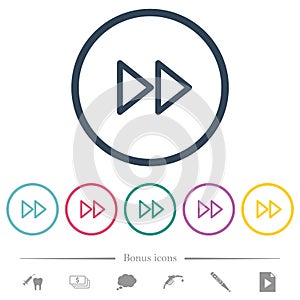 Media fast forward flat color icons in round outlines