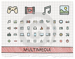 Media hand drawing line icons.