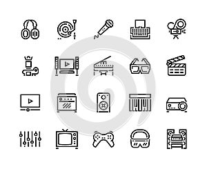 Media line icons. Technology and multimedia devices, filmmaking editing and watching, playing and listening to music