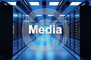 Media logo in large modern data center with multiple rows of network internet server racks, 3D Illustration