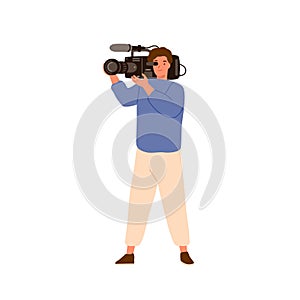 Media man holding camera with microphone. Professional camcorder, cameramen, operator, videographer. Video, movie or