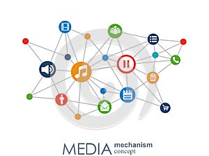 Media mechanism concept. Growth abstract background with integrated meta balls, integrated icon for digital, strategy