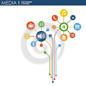 Media mechanism concept. Growth abstract background with integrated meta balls, integrated icon for digital, strategy, internet, n