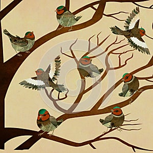 A media mix drawing of birds on the branches of a tree.
