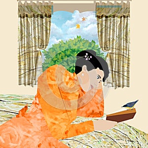 A media mix painting of a woman figure with a surprised look, reading a book in her bedroom