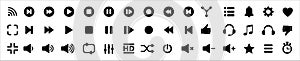 Media music player button icons. Multimedia player buttons set. Contains icon of equalizer, pause, setting, record, favorite,