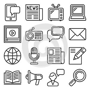 Media News Icon Set on White Background. Line Style Vector