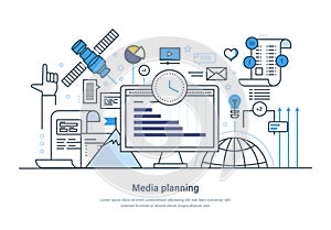 Media planning digital marketing business strategy web banner. Advertising, engaging content, blogging, social media promotion